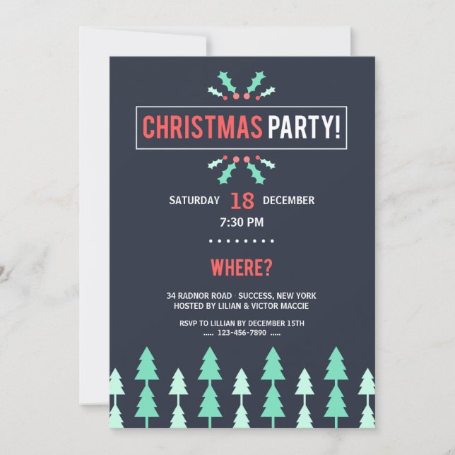 Christmas Party Black With Trees Invitation (Front)