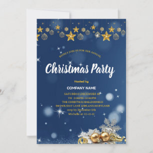 CHRISTMAS PARTY Blue and Gold Baubles Glitter  Invitation
