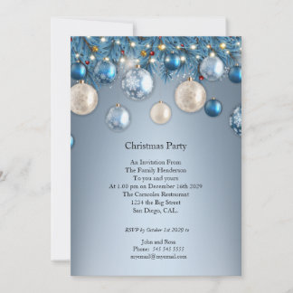 Christmas party blue baubles invitation