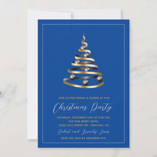 Christmas Party Blue Gold Tree Invitation (Front)