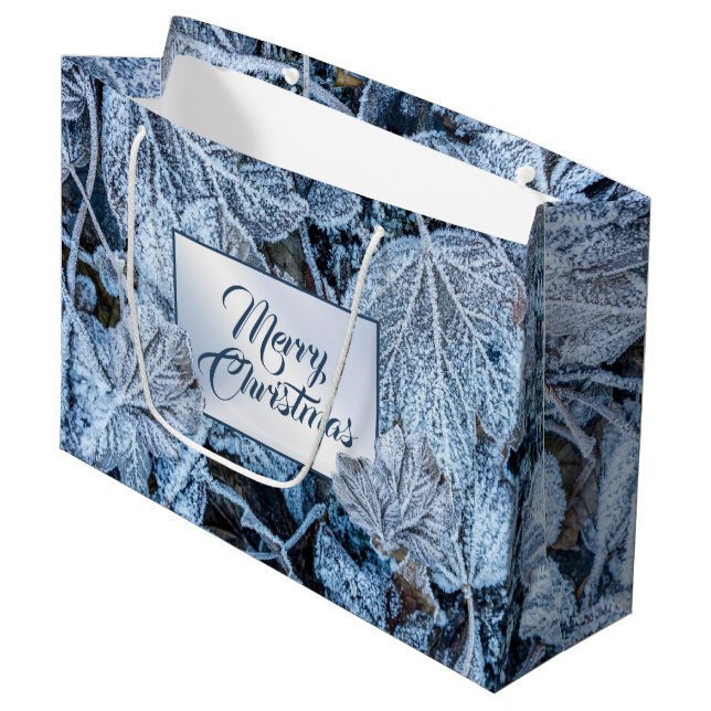 Christmas Party Blue Leaves Snow Winter Holidays Large Gift Bag (Front Angled)