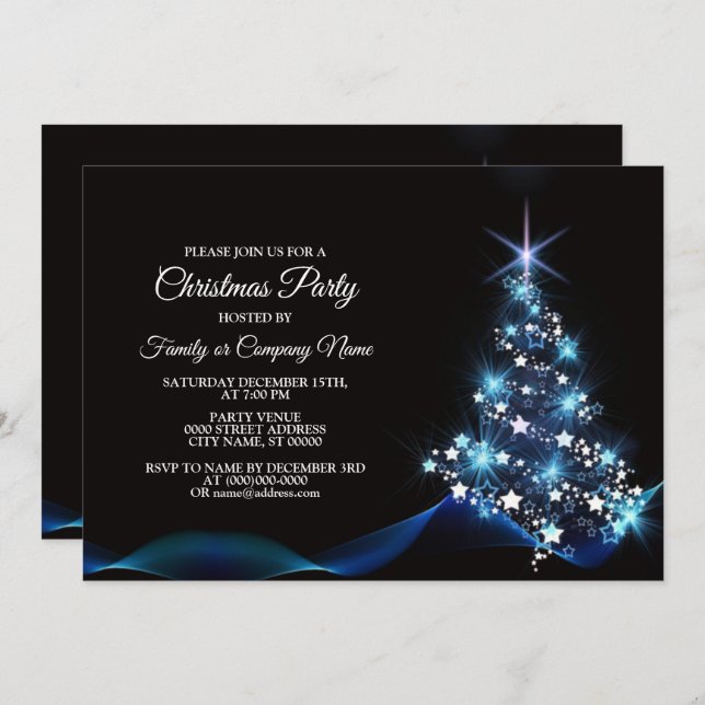 Christmas Party Blue Shiny Tree Black Elegant Invitation (Front/Back)