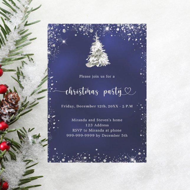 Christmas Party blue silver snow tree Invitation (Creator Uploaded)