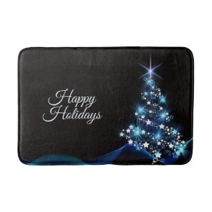Christmas Party Blue Tree Shiny Black Elegant Bath Mat