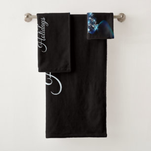 Christmas Party Blue Tree Shiny Black Elegant Bath Towel Set