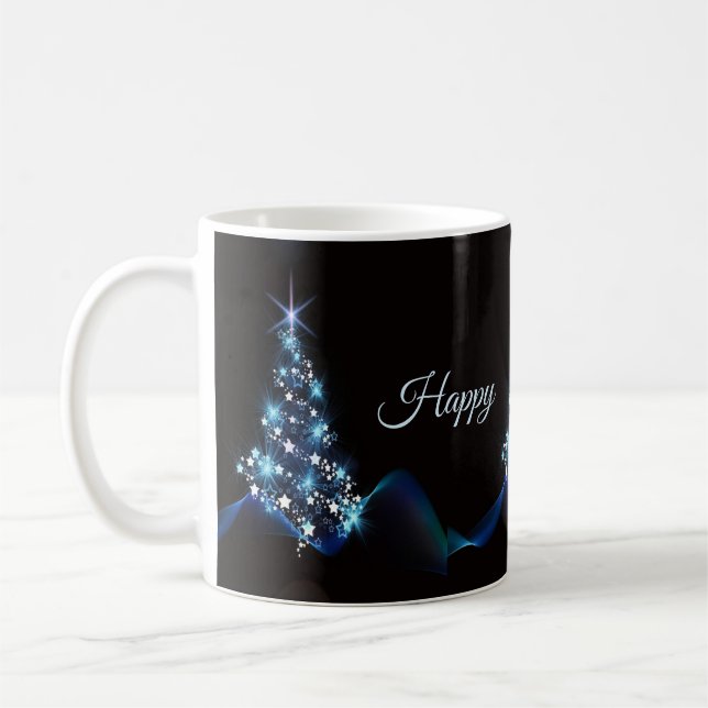 Christmas Party Blue Tree Shiny Black Elegant Coffee Mug (Left)