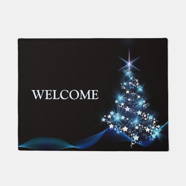 Christmas Party Blue Tree Shiny Black Elegant Doormat (Front)