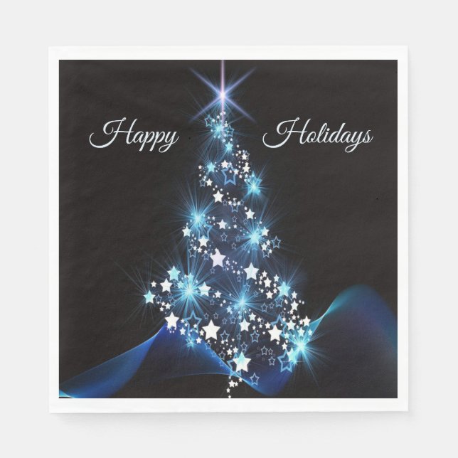 Christmas Party Blue Tree Shiny Black Elegant Napkin (Front)