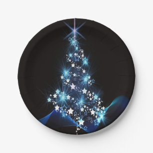 Christmas Party Blue Tree Shiny Black Elegant Paper Plate