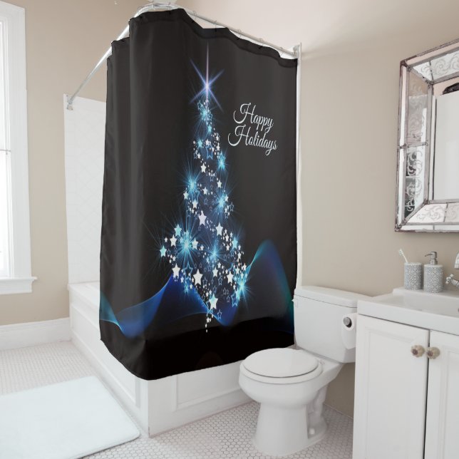 Christmas Party Blue Tree Shiny Black Elegant Shower Curtain (In Situ)