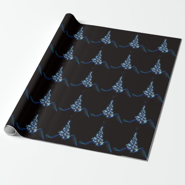 Christmas Party Blue Tree Shiny Black Elegant Wrapping Paper (Unrolled)