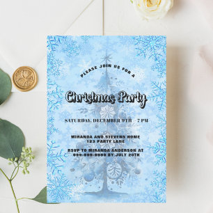 Christmas party blue tree snowflakes invitation