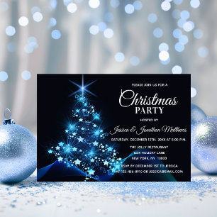 CHRISTMAS PARTY BLUE Twinkle Lights Snow Tree Invitation