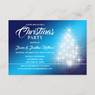 CHRISTMAS PARTY Blue White Twinkle Lights Tree Invitation