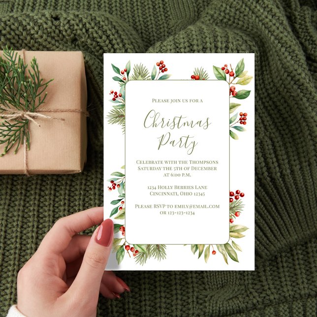 Christmas Party Botanical Holly Greenery Holiday Card (Celebrate the Holidays in style with watercolor greenery and holly berries. )