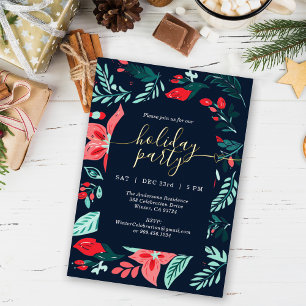 Christmas Party Botanical Red Floral Blue Foil Holiday Card