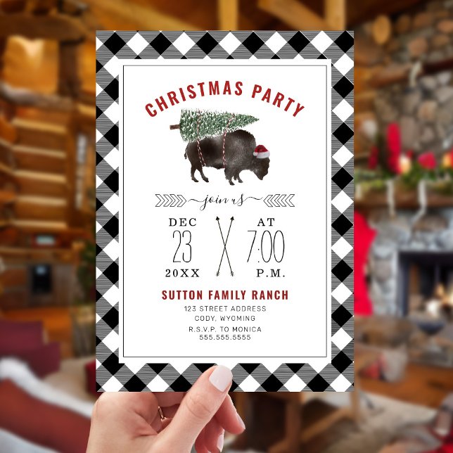 Christmas Party Buffalo Bison Tree Santa Plaid Invitation (Creator Uploaded)