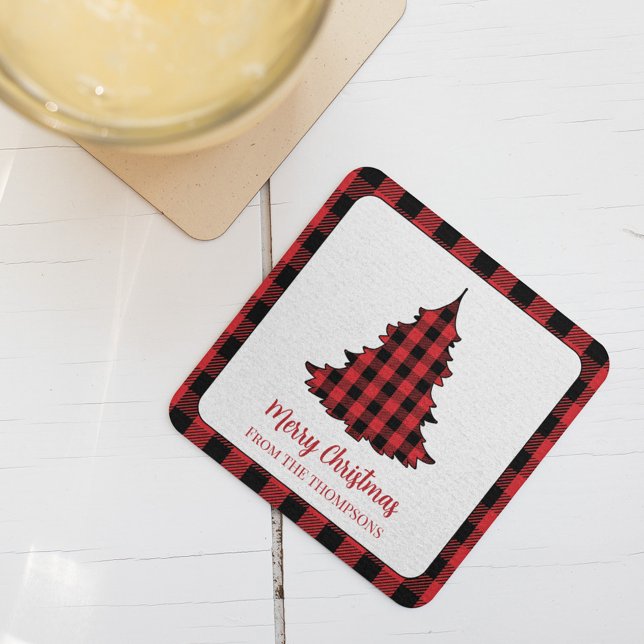 Christmas Party Buffalo Check Custom Square Paper Coaster (Merry Christmas holiday Buffalo check Christmas Tree Party paper coaster.)