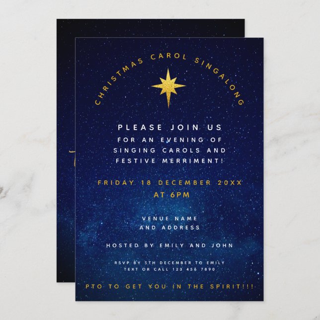 Christmas Party Carol Singalong Midnight Blue Gold Invitation (Front/Back)