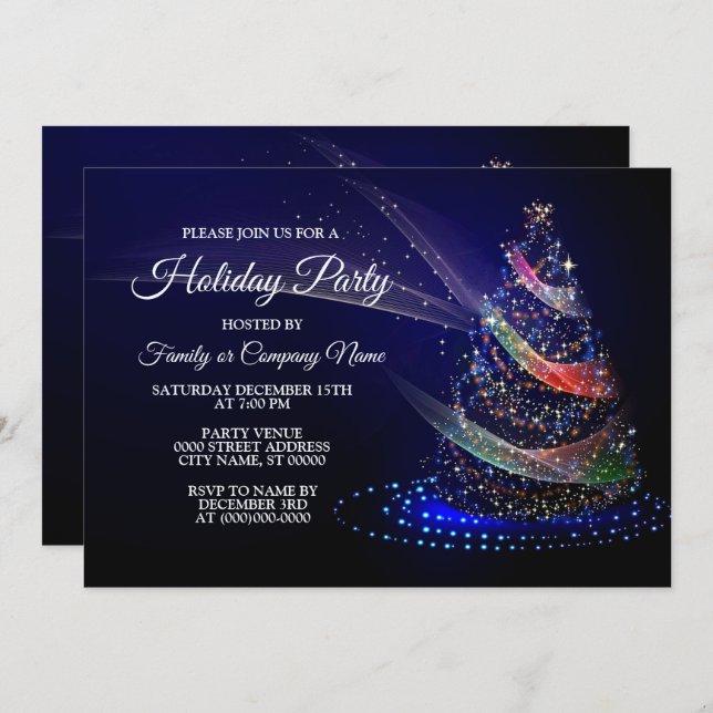 Christmas Party Colourful Tree Navy Blue Rustic Invitation (Front/Back)