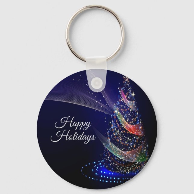 Christmas Party Colourful Tree Navy Blue Rustic Key Ring (Front)