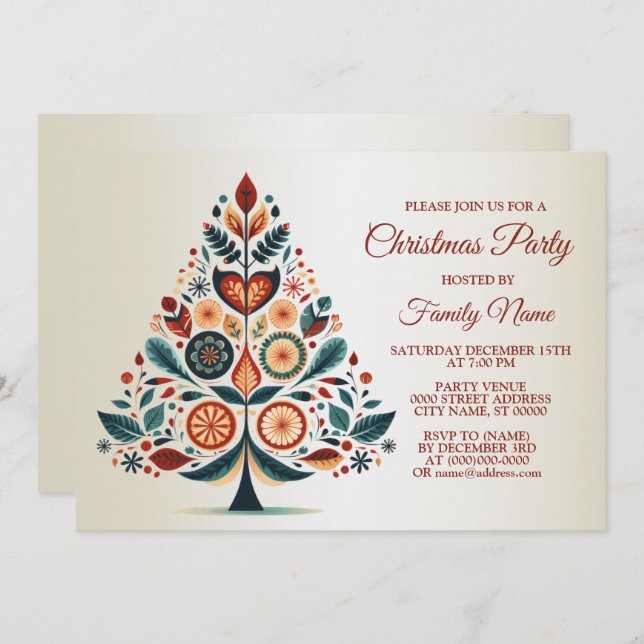 Christmas Party Colourful Tree Scandinavia Folk Ar Invitation (Front/Back)