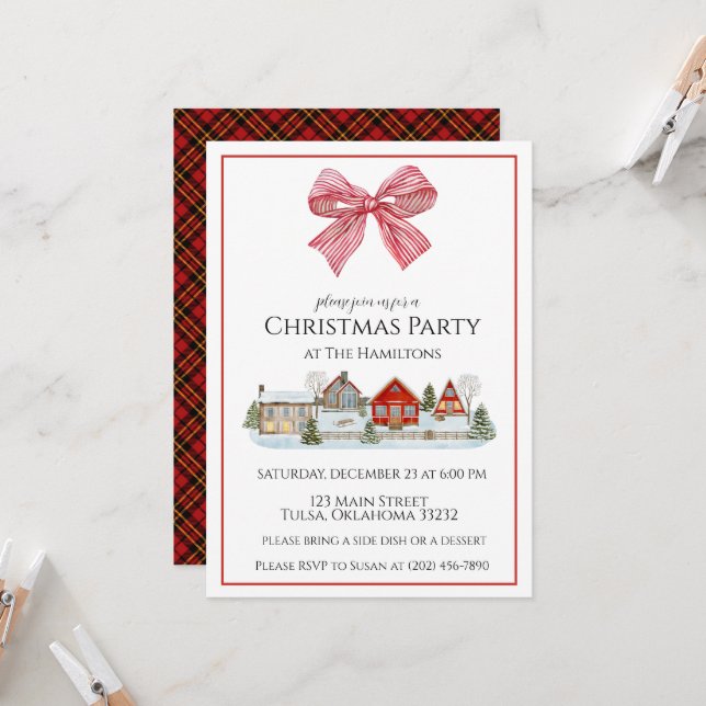 Christmas Party Cosy Cabin & Bow Invitation (Front/Back In Situ)