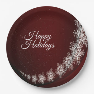 Christmas Party Crystal Snowflakes Red Rustic Paper Plate