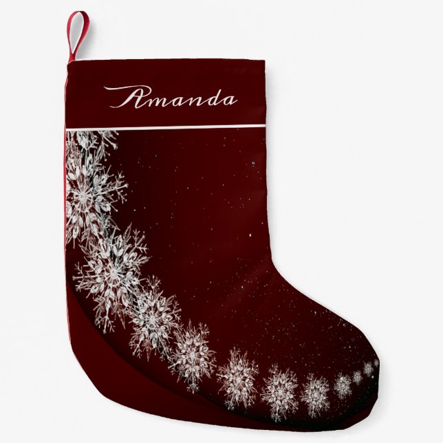 Christmas Party Crystal Snowflakes Red Rustic Small Christmas Stocking (Front)