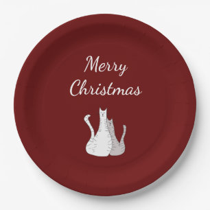 Christmas Party Cute Cats Elegant Script Red Paper Plate