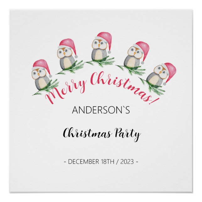 Christmas party cute owls watercolor illustration poster (Front)
