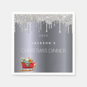 Christmas party dinner silver glitter sleigh name napkin