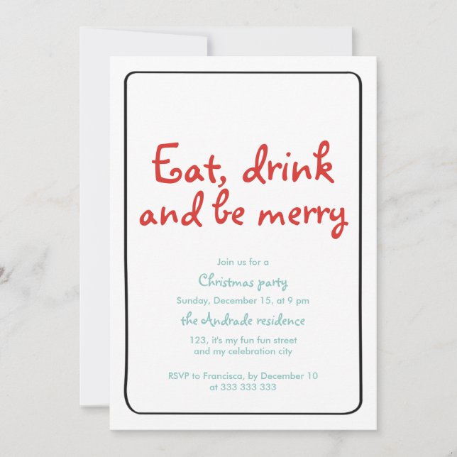 Christmas Party Eat Drink Be Merry Blue Red Simple Invitation (Front)