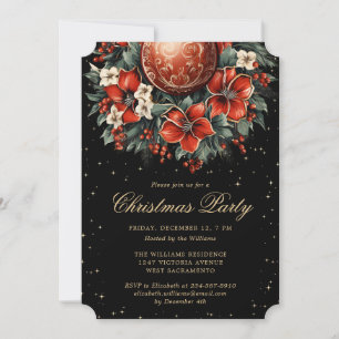 Christmas Party Elegant Black Gold Botanical Invitation