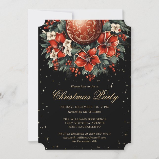 Christmas Party Elegant Black Gold Botanical Invitation (Front)