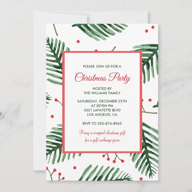 Christmas Party  Elegant Evergreen Invitation (Front)