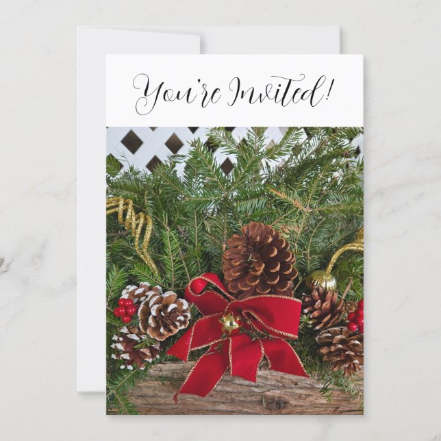 Christmas Party Evergreen Pine Branches Holiday Card (Front)