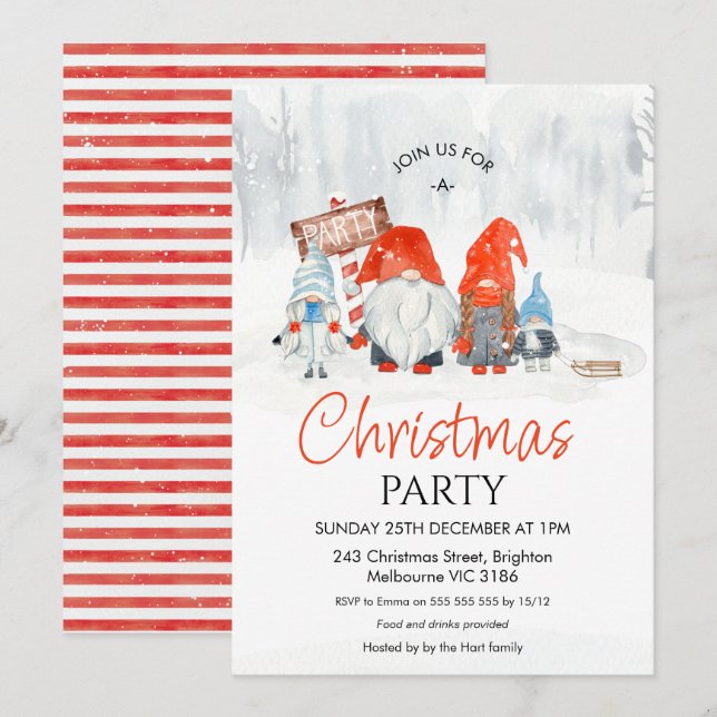 Christmas Party Family Gnomes with Boy and Girl Invitation (Front/Back)