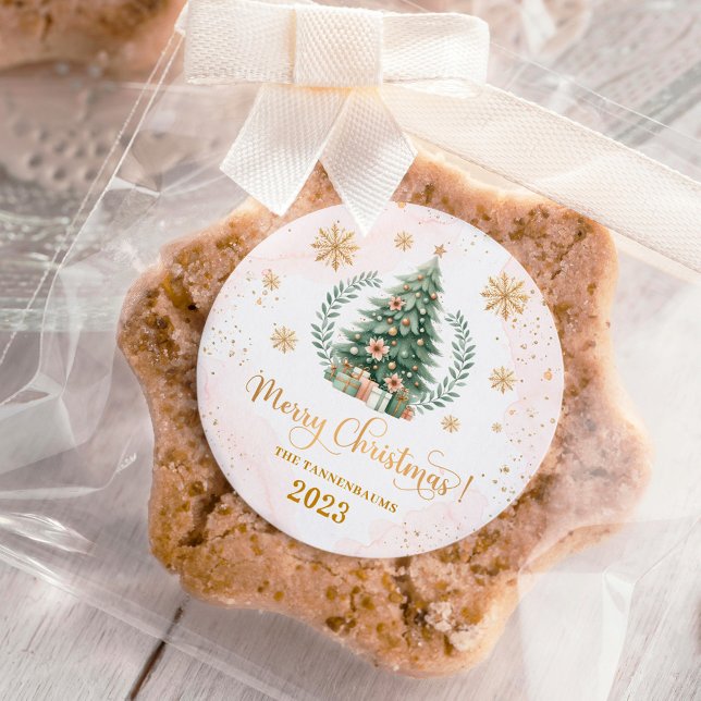 Christmas Party Favours | Blush Gold Snowflakes Classic Round Sticker (Creator Uploaded)