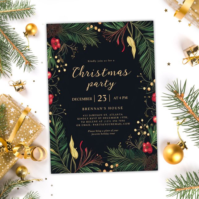 Christmas Party Festive Holiday Greenery Botanical Invitation (Elegant Holiday Wreath Christmas Party Invitation)