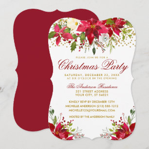 Christmas Party Floral Red Poinsettia Gold Glitter Invitation