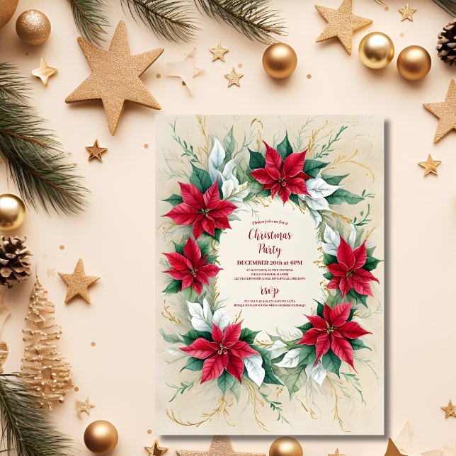 Christmas Party Floral Red Poinsettia  Party Invitation (Creator Uploaded)