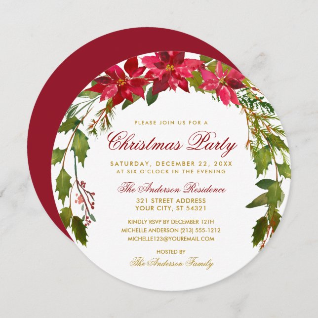 Christmas Party Floral Red Poinsettia Round Invitation (Front/Back)