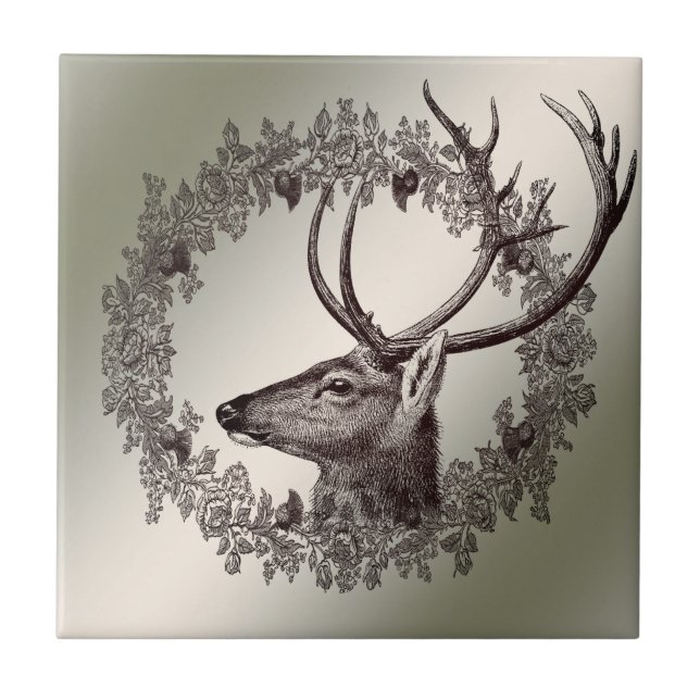 Christmas Party Floral Reindeer Golden Winter Ceramic Tile (Front)