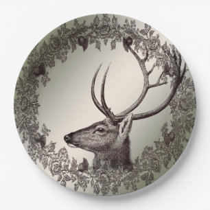 Christmas Party Floral Reindeer Golden Winter Paper Plate