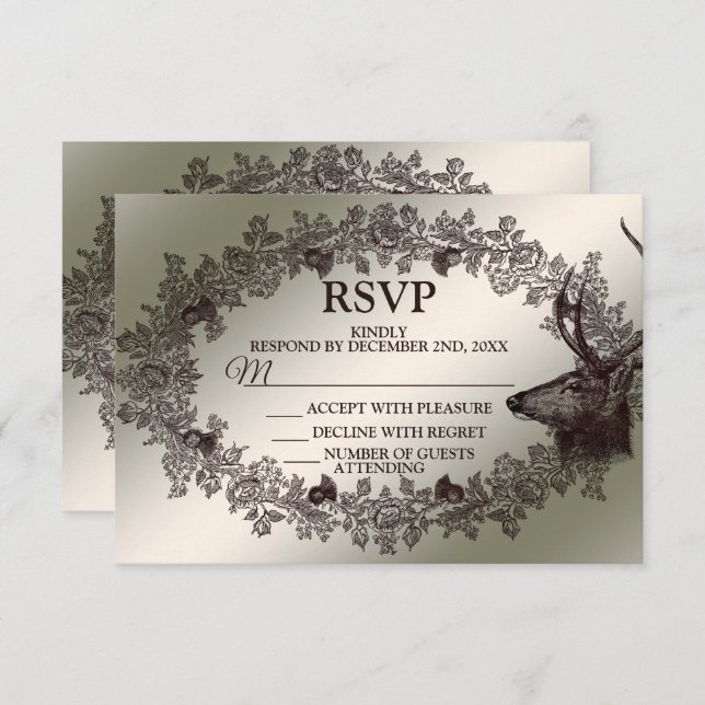 Christmas Party Floral Reindeer Golden Winter RSVP Card (Front/Back)