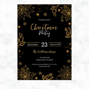 Christmas Party Flowers & Stars Black & Gold Invitation