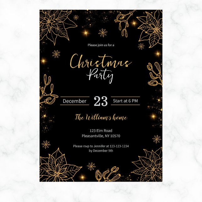 Christmas Party Flowers & Stars | Black & Gold Invitation (Creator Uploaded)