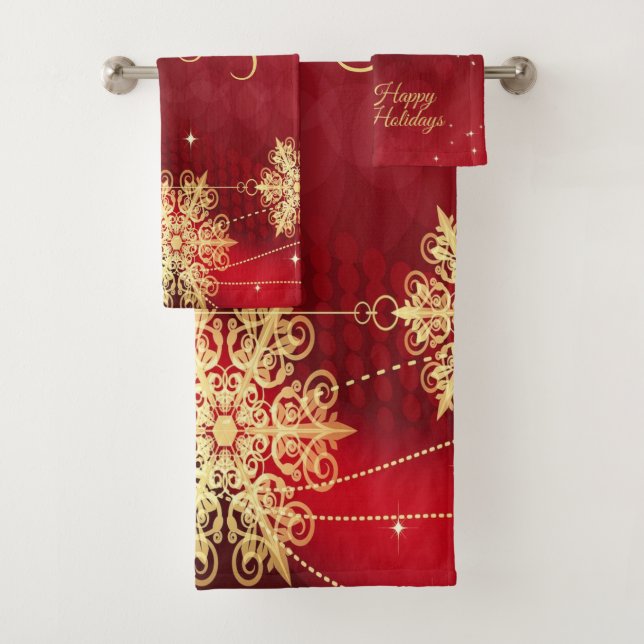 Christmas Party Gift Red Golden Snowflakes Holiday Bath Towel Set (Insitu)