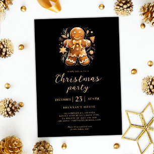 Christmas Party Gingerbread Gold Black Holiday Invitation